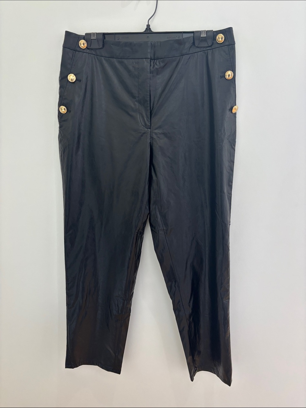 Michael Kors Black Satin-Look Trousers with Gold Buttons